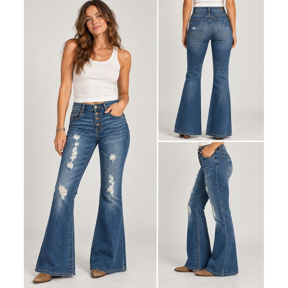 Mossimo Flare Jeans Womens 6 Blue Distressed Button Fly Boho Y2K Flip-Flop Flare